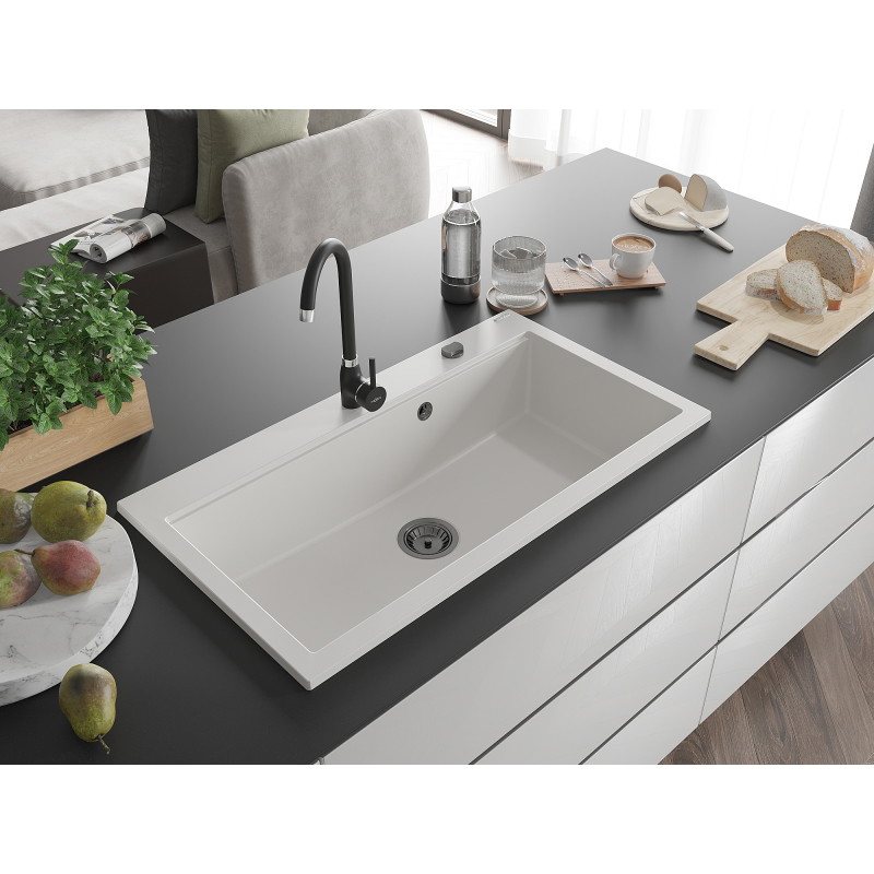 Mexen Slido Granitspüle 1-becken 900 x 500 mm, weiß, schwarzer Siphon - 6528901005-20-B