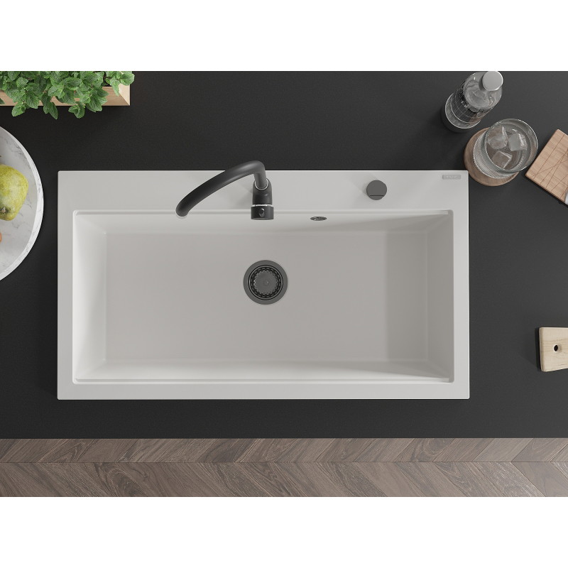 Mexen Slido Granitspüle 1-becken 900 x 500 mm, weiß, schwarzer Siphon - 6528901005-20-B