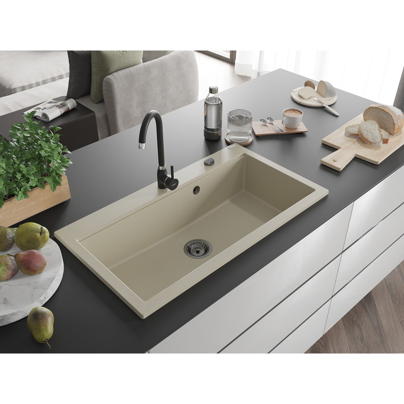 Mexen Slido Granitspüle 1-Becken 900 x 500 mm, beige, schwarzer Siphon - 6528901005-69-B