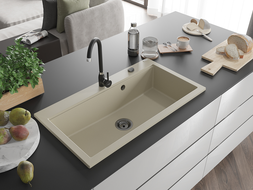 Mexen Slido Granitspüle 1-Becken 900 x 500 mm, beige, schwarzer Siphon - 6528901005-69-B
