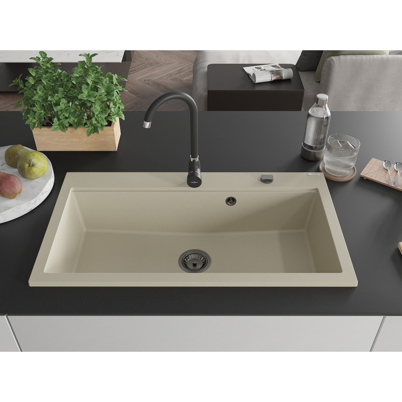 Mexen Slido Granitspüle 1-Becken 900 x 500 mm, beige, schwarzer Siphon - 6528901005-69-B