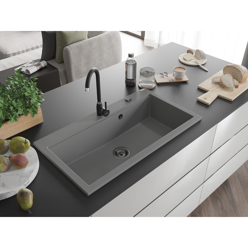 Mexen Slido Granitspüle 1-Kammer 900 x 500 mm, grau, schwarzer Siphon - 6528901005-71-B