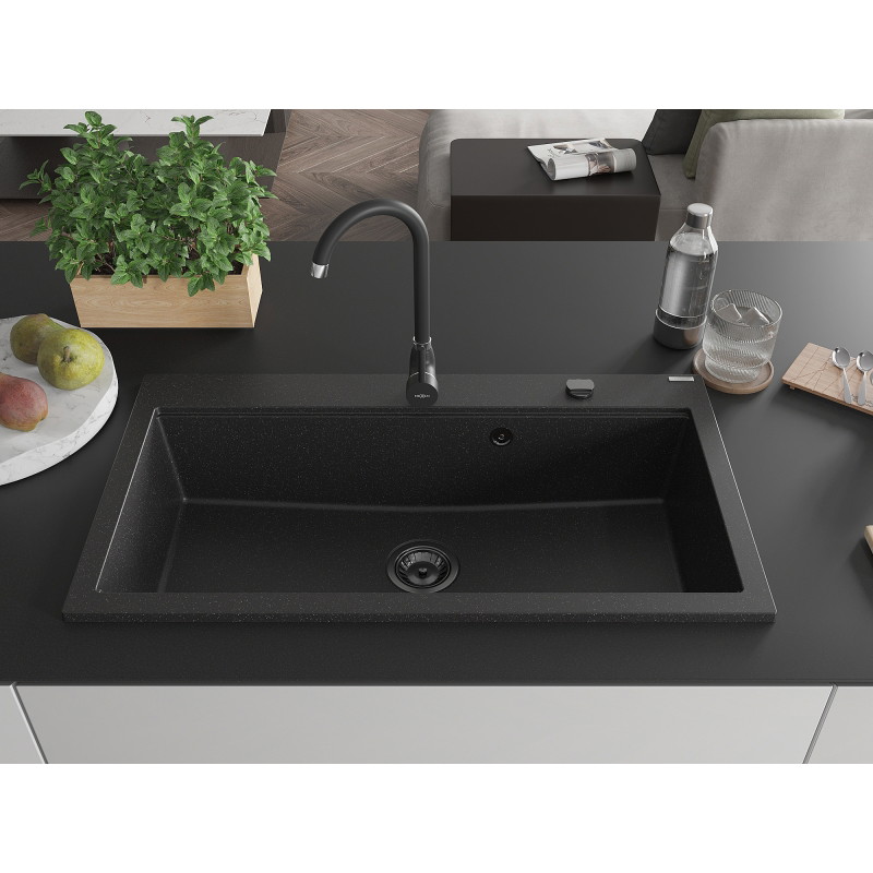 Mexen Slido Granitspüle 1-beckig 900 x 500 mm, schwarz/silber metallic, schwarzer Siphon - 6528901005-73-B