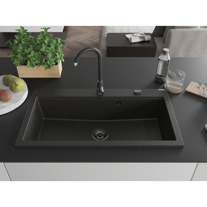 Mexen Slido Granitspüle 1-beckig 900 x 500 mm, schwarz/gold metallic, Siphon schwarz - 6528901005-75-B