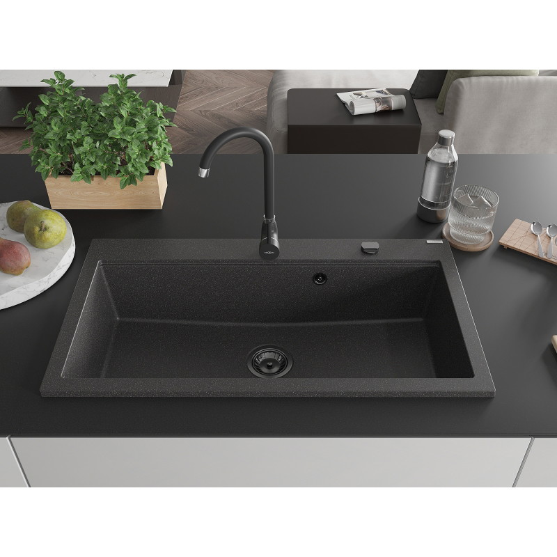 Mexen Slido Granitspüle 1-Kammer 900 x 500 mm, schwarz gesprenkelt, schwarzer Siphon - 6528901005-76-B
