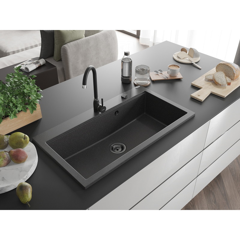 Mexen Slido Granitspüle 1-Kammer 900 x 500 mm, schwarz gesprenkelt, schwarzer Siphon - 6528901005-76-B