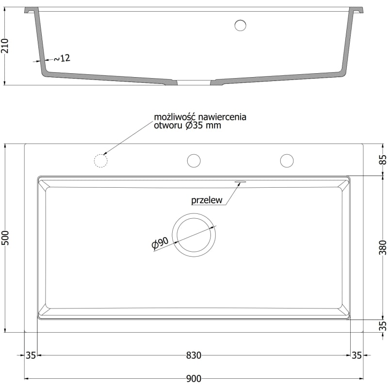 Mexen Slido Granitspüle 1-Becken 900 x 500 mm, schwarz, schwarzer Siphon - 6528901005-77-B