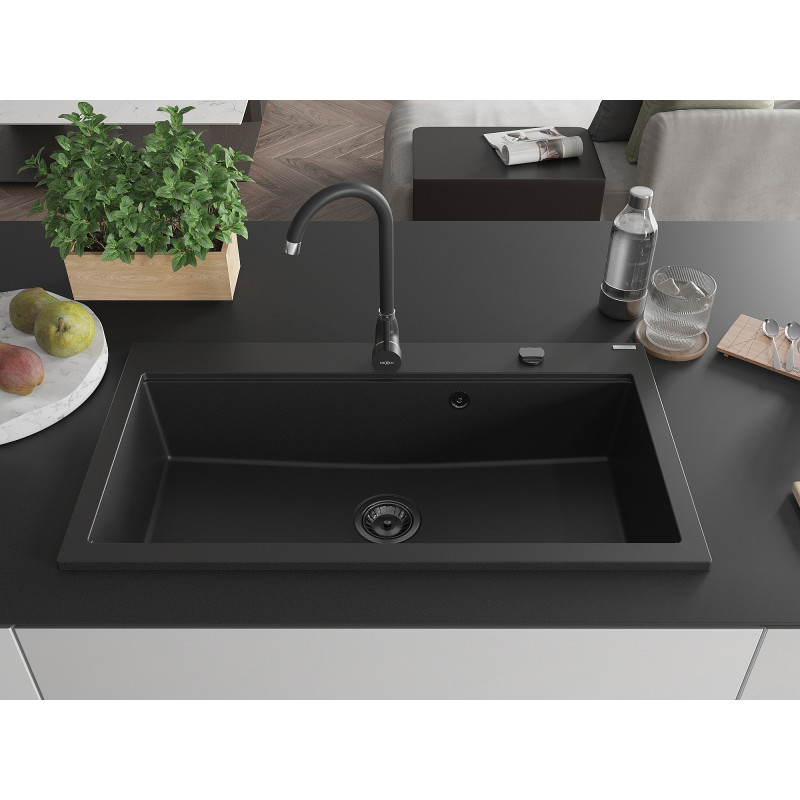 Mexen Slido Granitspüle 1-Becken 900 x 500 mm, schwarz, schwarzer Siphon - 6528901005-77-B
