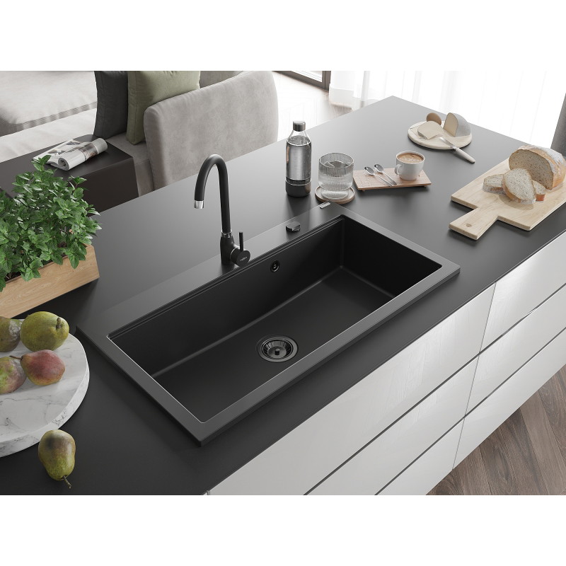 Mexen Slido Granitspüle 1-Becken 900 x 500 mm, schwarz, schwarzer Siphon - 6528901005-77-B