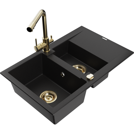 Mexen Gaspar Granitspüle 1,5-Becken mit Abtropffläche und Küchenarmatur Duero, schwarz - 6507-77-671600-50