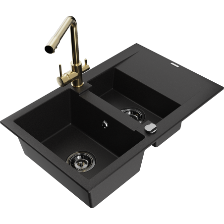 Mexen Gaspar Granitspüle 1,5-Becken mit Abtropffläche und Küchenarmatur Duero, schwarz - 6507-77-671600-50-B