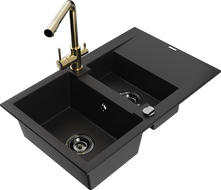 Mexen Gaspar Granitspüle 1,5-Becken mit Abtropffläche und Küchenarmatur Duero, schwarz - 6507-77-671600-50-B