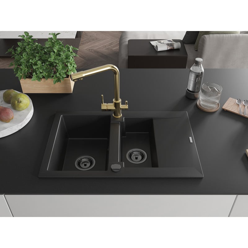 Mexen Gaspar Granitspüle 1,5-Becken mit Abtropffläche und Küchenarmatur Duero, schwarz - 6507-77-671600-50-B