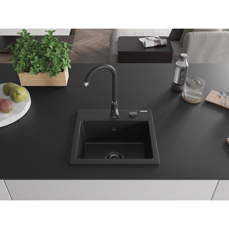Mexen Milo Granitspüle 1-beckig mit Küchenarmatur Telma, schwarz - 6505-77-670200-70-B