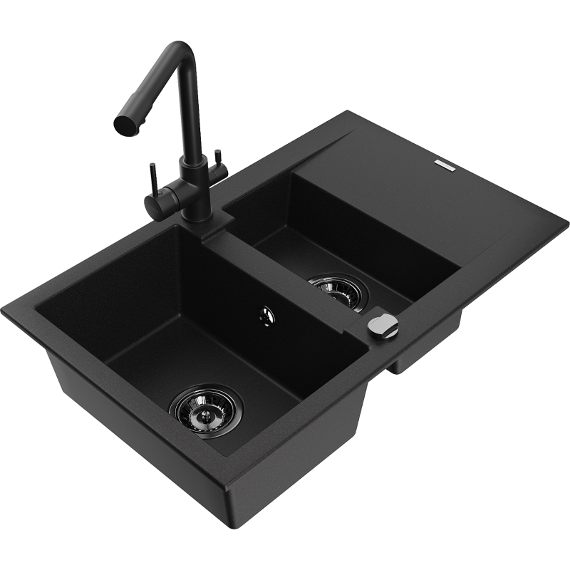 Mexen Gaspar Granitspüle 1,5-Becken mit Abtropffläche und Küchenarmatur Duero, schwarz - 6507-77-671600-70-B