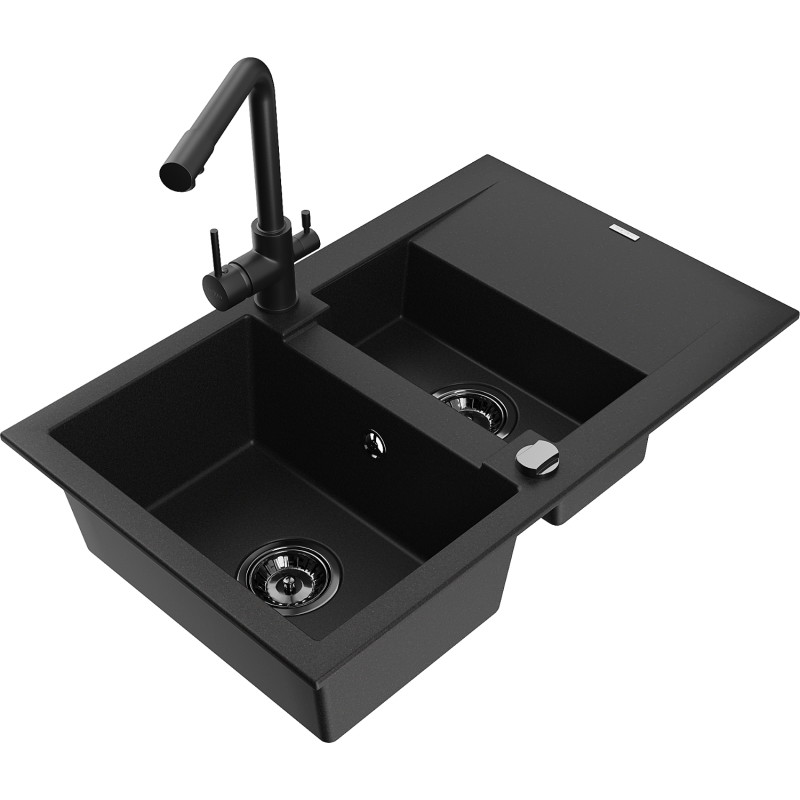 Mexen Gaspar Granitspüle 1,5-fach mit Abtropffläche und Küchenarmatur Duero, schwarz - 6507-77-671600-70-B