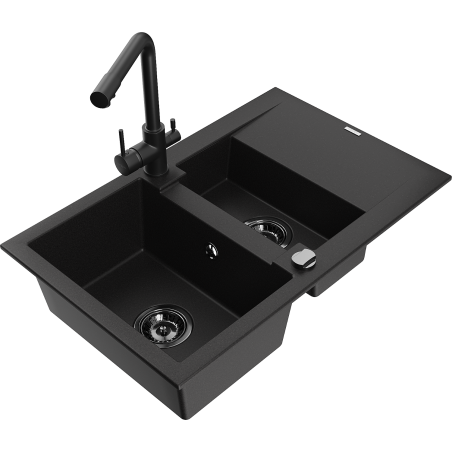 Mexen Gaspar Granitspüle 1,5-Becken mit Abtropffläche und Küchenarmatur Duero, schwarz - 6507-77-671600-70-B
