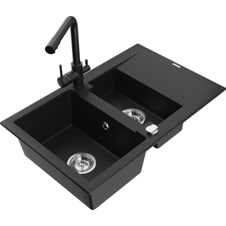 Mexen Gaspar Granitspüle 1,5-Becken mit Abtropffläche und Küchenarmatur Duero, schwarz - 6507-77-671600-70
