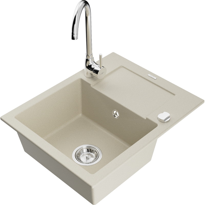 Mexen Enzo Granitspüle 1-beckig mit Abtropffläche und Küchenarmatur Telma, beige - 6506-69-670200-00