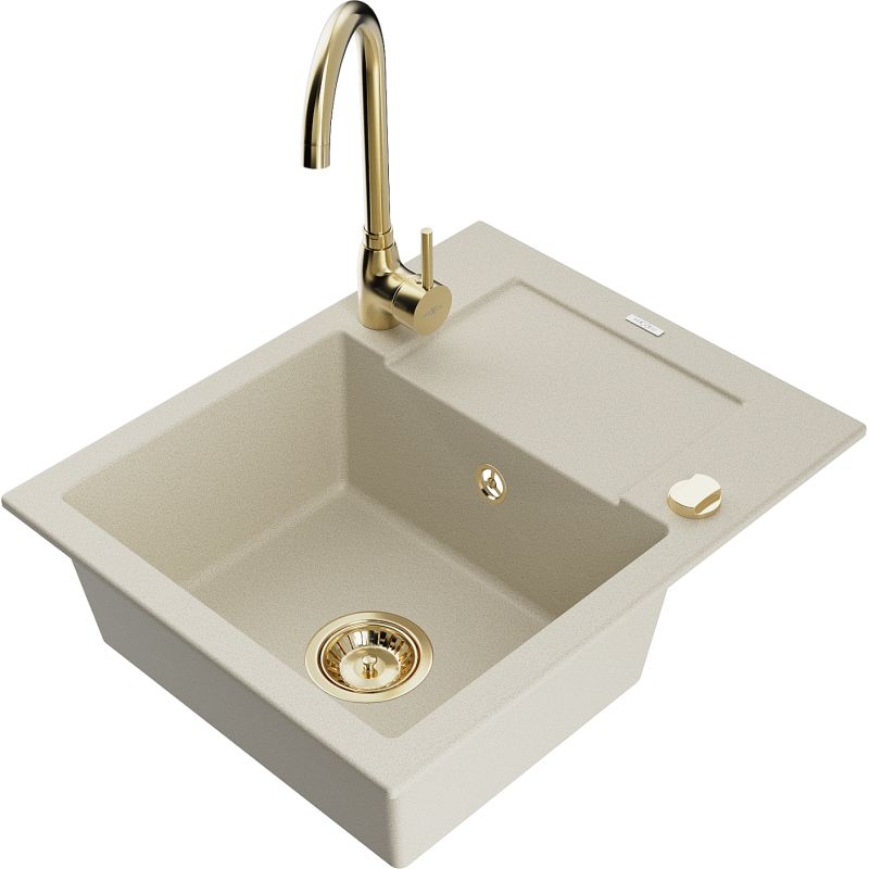 Mexen Enzo Granitspüle 1-Becken mit Abtropffläche und Küchenarmatur Telma, beige - 6506-69-670200-50