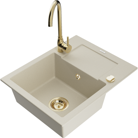 Mexen Enzo Granitspüle 1-Becken mit Abtropffläche und Küchenarmatur Telma, beige - 6506-69-670200-50
