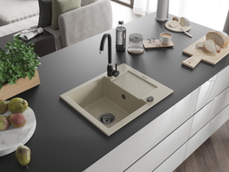 Mexen Enzo Granitspüle 1-becken mit Abtropffläche und Küchenarmatur Telma, beige - 6506-69-670200-70