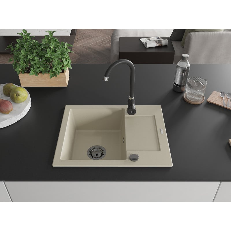 Mexen Enzo Granitspüle 1-becken mit Abtropffläche und Küchenarmatur Telma, beige - 6506-69-670200-70