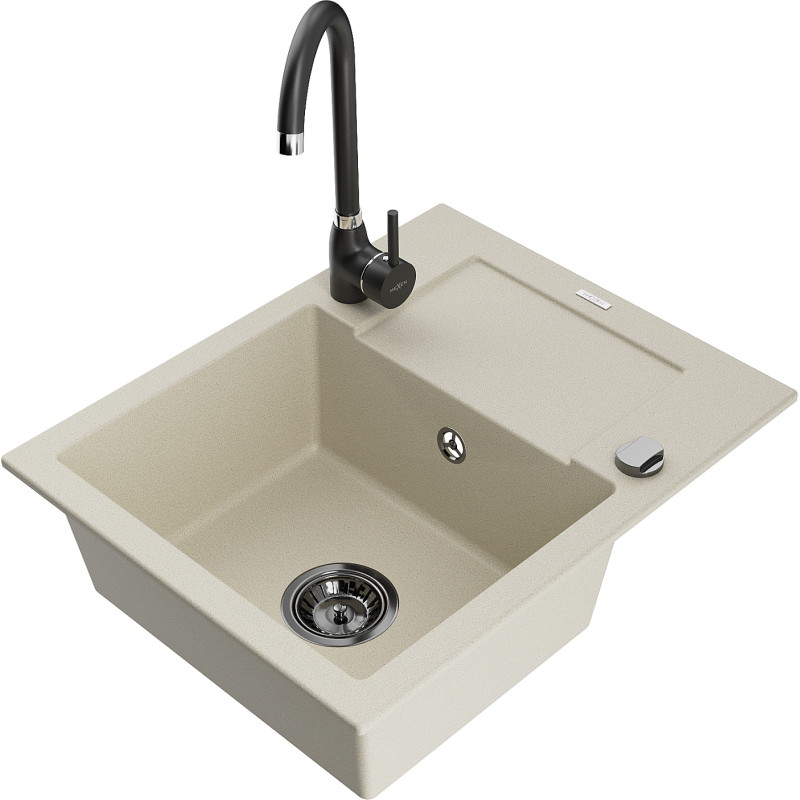 Mexen Enzo Granitspüle 1-beckig mit Abtropffläche und Küchenarmatur Telma, beige - 6506-69-670200-70