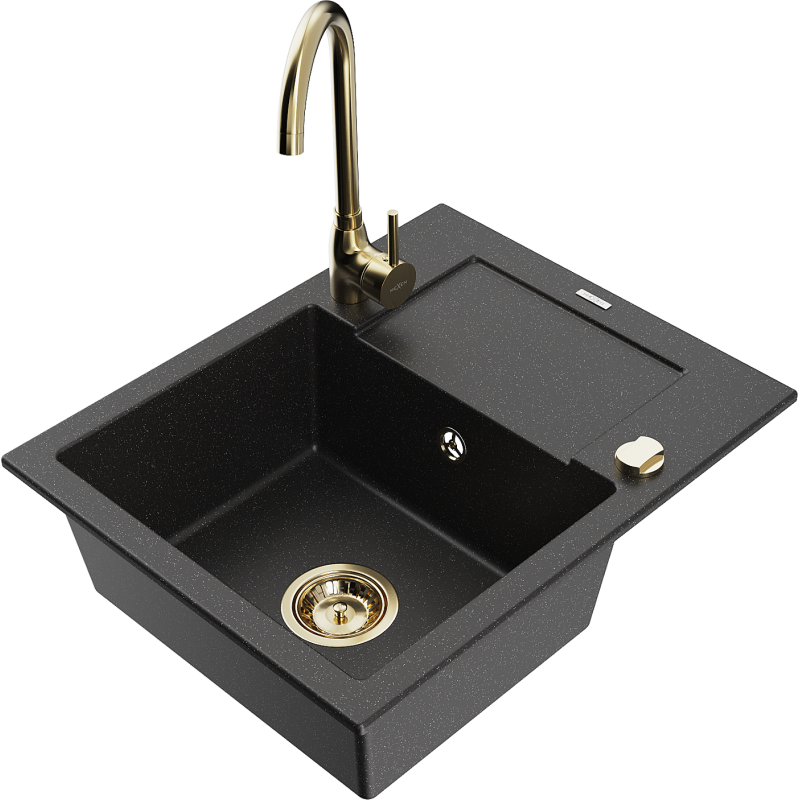 Mexen Enzo Granitspüle 1-Becken mit Abtropffläche und Küchenarmatur Telma, schwarz/silber - 6506-73-670200-50