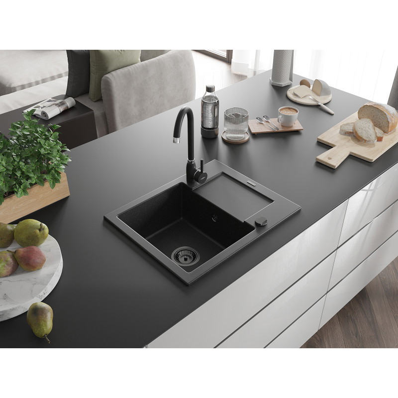 Mexen Enzo Granitspüle 1-Becken mit Abtropffläche und Küchenarmatur Telma, schwarz/silber - 6506-73-670200-70-B