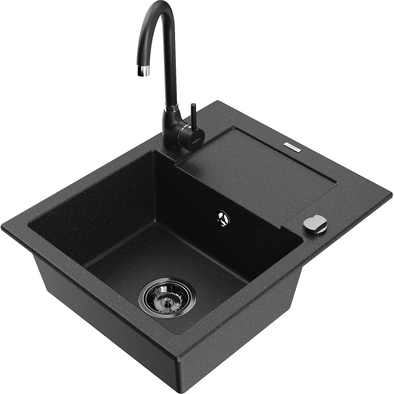 Mexen Enzo Granitspüle 1-Becken mit Abtropffläche und Küchenarmatur Telma, schwarz/silber - 6506-73-670200-70-B