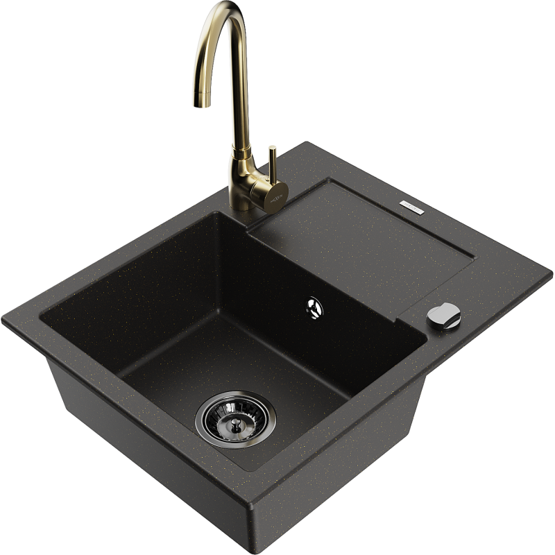 Mexen Enzo Granitspüle 1-Becken mit Abtropffläche und Küchenarmatur Telma, schwarz/gold - 6506-75-670200-50-B