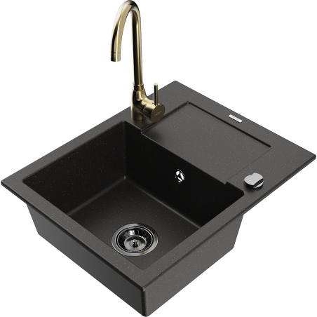 Mexen Enzo Granitspüle 1-Becken mit Abtropffläche und Küchenarmatur Telma, schwarz/gold - 6506-75-670200-50-B