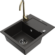 Mexen Enzo Granitspüle 1-Becken mit Abtropffläche und Küchenarmatur Telma, schwarz/gold - 6506-75-670200-50-B