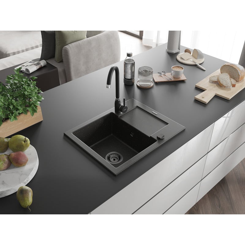 Mexen Enzo Granitspüle 1-Becken mit Abtropffläche und Küchenarmatur Telma, schwarz/gold - 6506-75-670200-70-B
