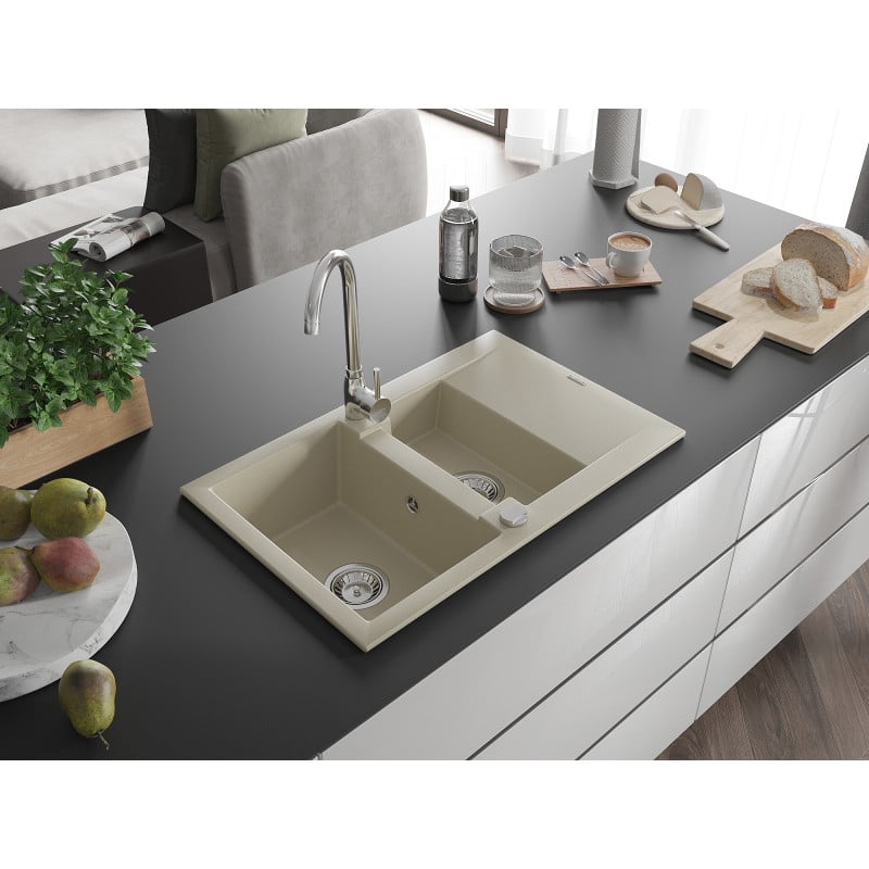 Mexen Gaspar Granitspüle 1,5-Kammer mit Abtropffläche und Küchenarmatur Telma, beige - 6507-69-670200-00