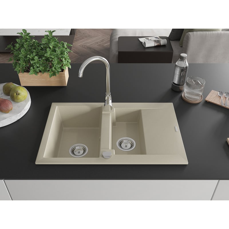 Mexen Gaspar Granitspüle 1,5-Kammer mit Abtropffläche und Küchenarmatur Telma, beige - 6507-69-670200-00