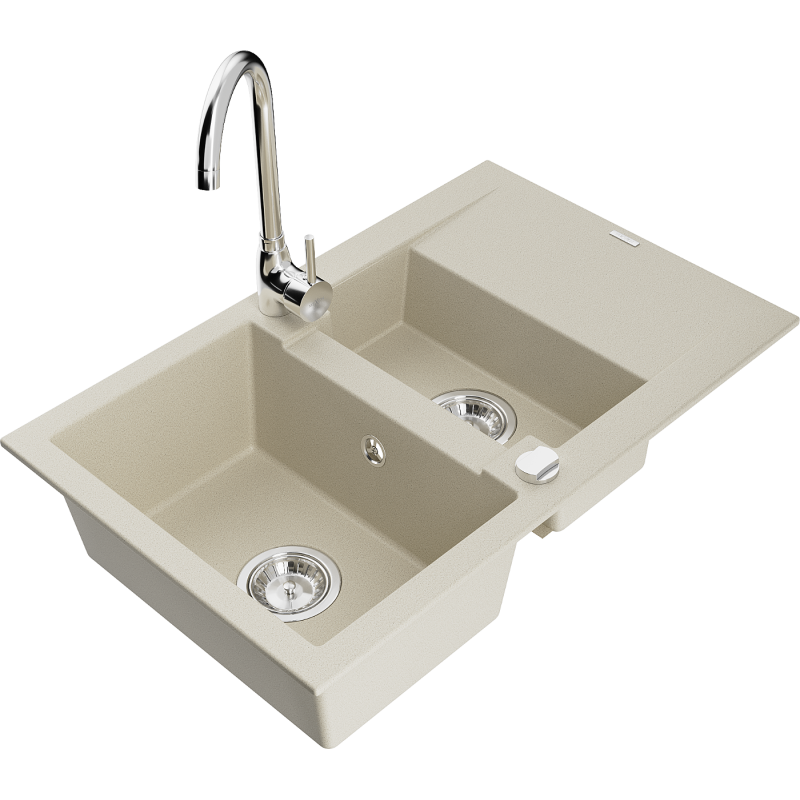 Mexen Gaspar Granitspüle 1,5-Kammer mit Abtropffläche und Küchenarmatur Telma, beige - 6507-69-670200-00