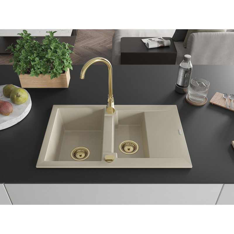 Mexen Gaspar Granitspüle 1,5-Becken mit Abtropffläche und Küchenarmatur Telma, beige - 6507-69-670200-50