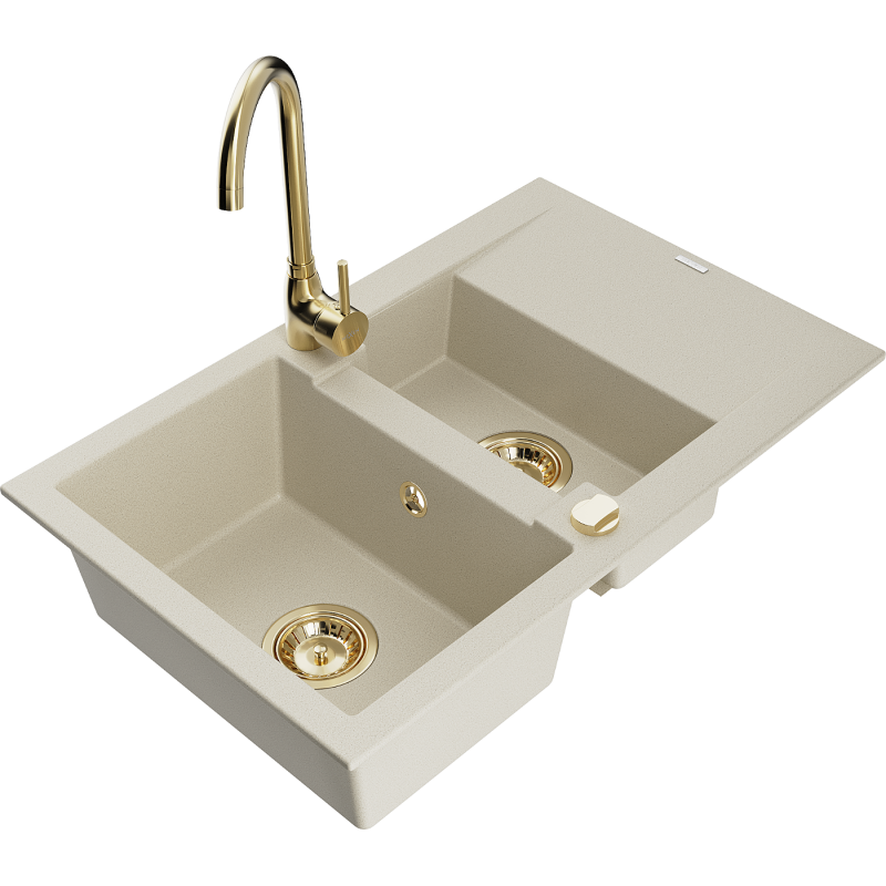 Mexen Gaspar Granitspüle 1,5-Becken mit Abtropffläche und Küchenarmatur Telma, beige - 6507-69-670200-50