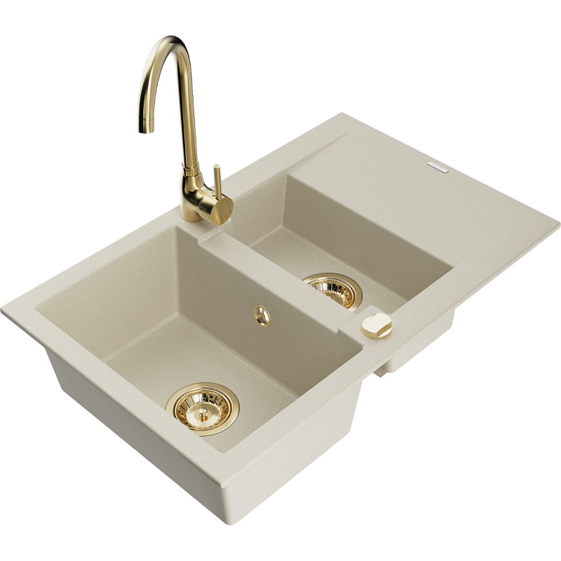 Mexen Gaspar granitspüle 1,5-beckig mit Abtropffläche und Küchenarmatur Telma, beige - 6507-69-670200-50