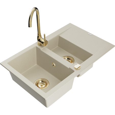 Mexen Gaspar granitspüle 1,5-beckig mit Abtropffläche und Küchenarmatur Telma, beige - 6507-69-670200-50