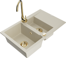 Mexen Gaspar Granitspüle 1,5-Becken mit Abtropffläche und Küchenarmatur Telma, beige - 6507-69-670200-50