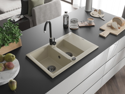Mexen Gaspar Granitspüle 1,5 Kammern mit Abtropffläche und Küchenarmatur Telma, beige - 6507-69-670200-70