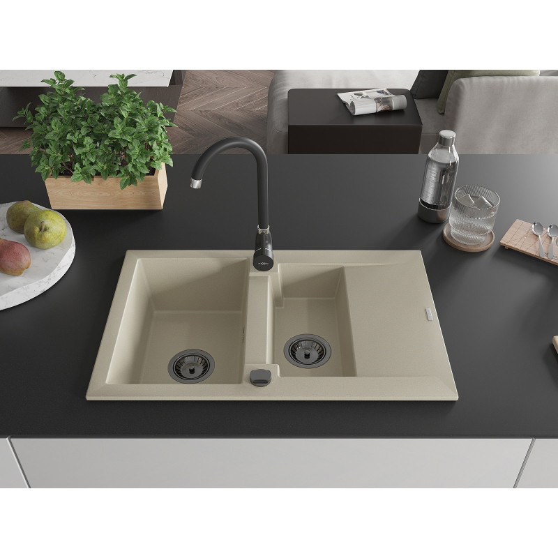 Mexen Gaspar Spüle aus Granit mit 1,5 Becken, Abtropffläche und Küchenarmatur Telma, beige - 6507-69-670200-70