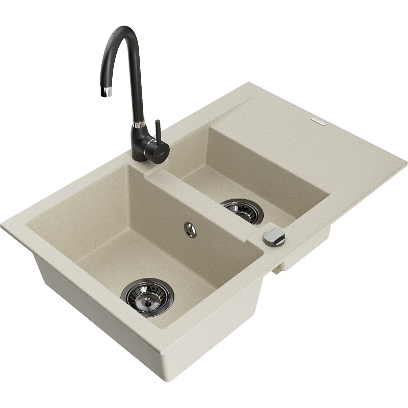 Mexen Gaspar 1,5-Becken-Granitspüle mit Abtropffläche und Mischbatterie Telma, Beige - 6507-69-670200-70