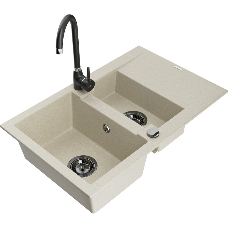 Mexen Gaspar Granitspülbecken 1,5-fach mit Abtropffläche und Küchenarmatur Telma, beige - 6507-69-670200-70