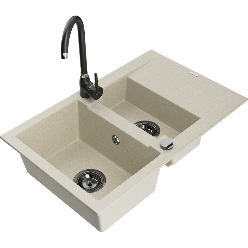 Mexen Gaspar Granitspüle 1,5 Kammern mit Abtropffläche und Küchenarmatur Telma, beige - 6507-69-670200-70
