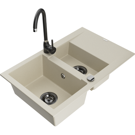 Mexen Gaspar Granitspüle 1,5 Kammern mit Abtropffläche und Küchenarmatur Telma, beige - 6507-69-670200-70