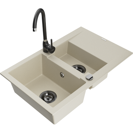 Mexen Gaspar Spüle aus Granit mit 1,5 Becken, Abtropffläche und Küchenarmatur Telma, beige - 6507-69-670200-70
